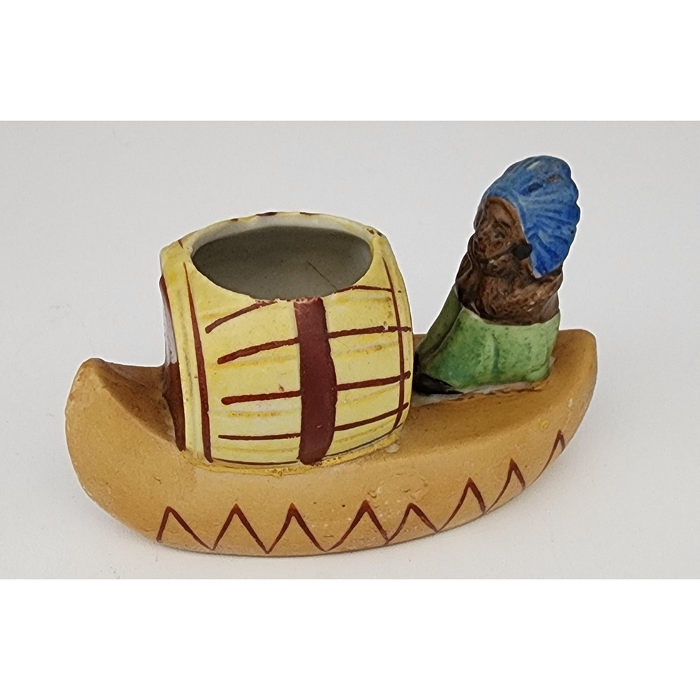 Vintage Ceramic Canoe Toothpick or Match Holder Native American Japan Tan